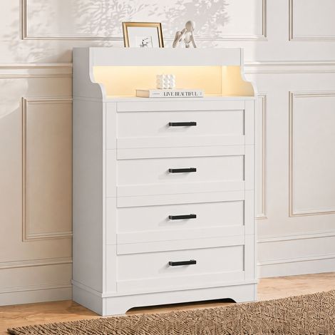 Commode Chic à 4 Tiroirs LED - 73x39.5x114cm - Meuble de Rangement Style Nordique avec Étagère Organisée - Blanc (1/5)