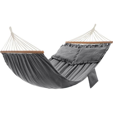 Hamac, Hamac d'extérieur de camping, Lit suspendu, 2 barres en bois, avec 2 oreillers, capacité de charge 300 kg, 210 x 150 cm, Gris GDC022G01 (1/5)