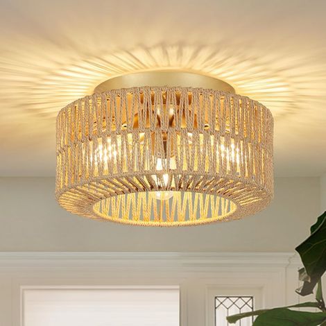 Rattan Ceiling Light with 3 Lights, Woven Bamboo Shade, Gold Metal Base, For Living Room, Bedroom, Kitchen (1/5)
