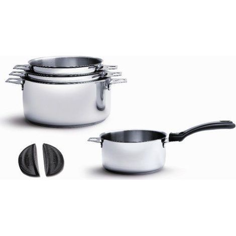 Série de 4 casseroles inox 14/16/18/20cm – Fond diffuseur triple – Compatible tous feux dont induction – Avec 1 queue et 2 anses amovibles – De Buyer (1/5)