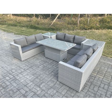 Fimous Rattan Gartenmöbel Set mit Sofa, Höhe verstellbar Esstisch,2 Beistelltisch,Outdoor Terrassen Essgruppe 6-teilige Sitzgruppe Helles Grau (1/4)