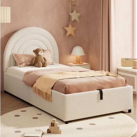 Lit enfant rembourré moderne 90x200 cm en bouclé beige avec tête de lit, sommier à lattes et coffre hydraulique (1/5)
