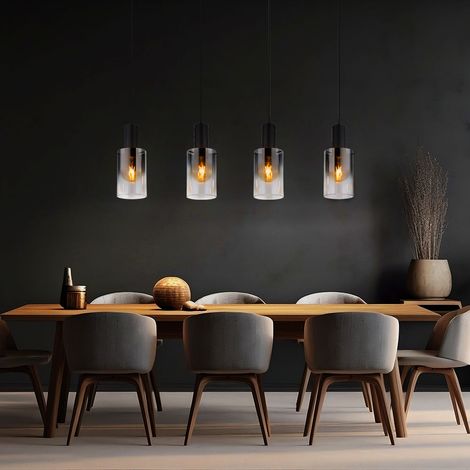Pendellampe Pendelleuchte Esstischleuchte Wohnzimmerlampe Hängeleuchte Lampe, 4 Flammig Rauchglas Metall schwarz, E27 Fassungen, LxBxH 102,5x12,5x150cm