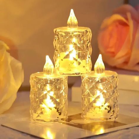 Lot de 3 bougies cristal sans flamme à piles pour décoration de table, mariage, Halloween, Noël, ambiance cosy, bougies LED sans suie