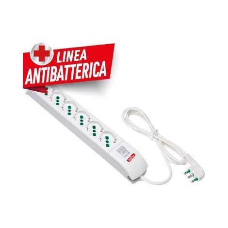 Multipresa Antibatterica FIDO, 6 Prese Bipasso italo/tedesche, 2P+T 16A, Cavo Antibatterico da 1,5 m. 3G1 H05VV-F con Interruttore Luminoso
