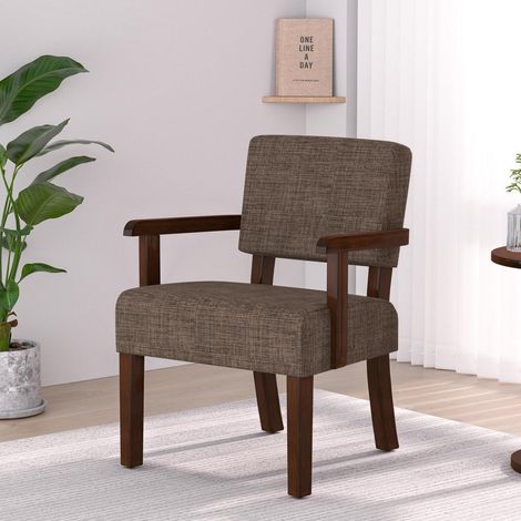 Loungesessel mit Armlehnen aus Holz, braun, Leinen, 63x66x83 cm (1/5)