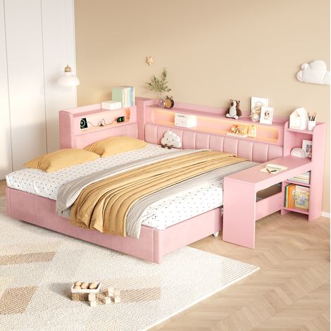 Cama nido con escritorio 90x200 cm, MDF rosa, LED y USB, sin colchón – MEUBLIV (1/5)