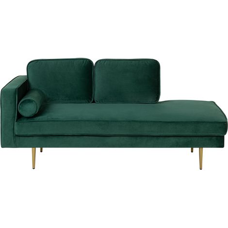 Chaise longue tapizado en terciopelo verde esmeralda versión izquierda patas de metal diseño moderno Miramas