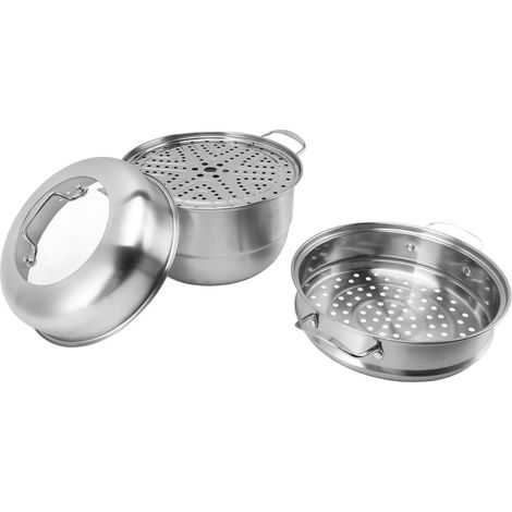 Dampfgarer aus Edelstahl mit seitlichen Griffen, dickem, mehrstufigem Dampfkorb, Topf mit Deckel aus gehärtetem Glas, 3 Ebenen (1/5)