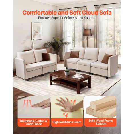Canapé modulable sectionnel 5 places, canapé d'angle convertible moderne en mousse haute résilience avec rangement dissimulé, sofa rembourré avec cadre en bois massif, pour salon, chambre, beige (1/5)