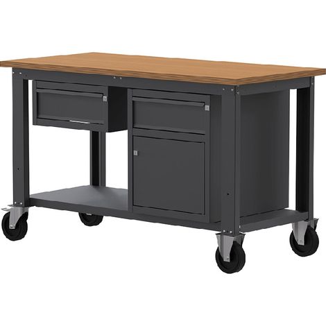 Banco lavoro con ruote SOGI X3N107LR - 1.5 m - piano in legno - 1 cassetto + anta e cassetto (1/4)