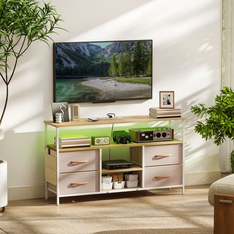 Mobile porta TV con luce LED e porte USB, ripiani a giorno, 4 cassetti pieghevoli, 120x30x67,5 cm, beige e bianco (1/5)