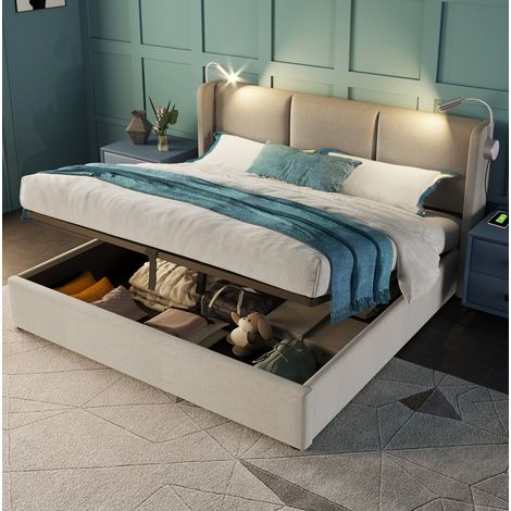 Cama tapizada con canapé 160x200 cm beige en lino, con cabecero, luz de lectura USB y somier de láminas (1/5)