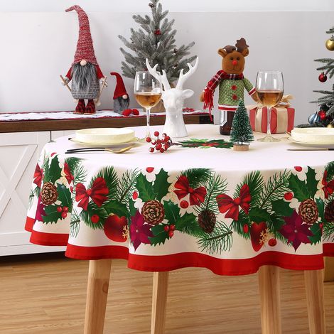 Nappe de Noël imperméable et essuyable, polyester anti-taches lavable - Motif poinsettia, rubans/nœuds & houx - Ronde Ø152 cm - Rouille - 60ROUND(Germany)