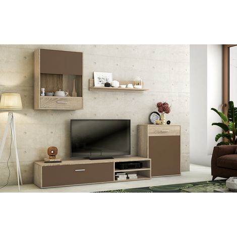 Ensemble de salon meuble TV + 1 étagère murale + meuble haut + meuble bas coloris chêne cambrian, chocolat -PEGANE- (1/5)