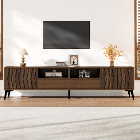 MODFU – Mobile TV 180x35x45 cm in truciolato con 2 ante, 2 cassetti e piedini in metallo, per TV fino a 75 pollici e carico 60 kg – Noce (1/5)