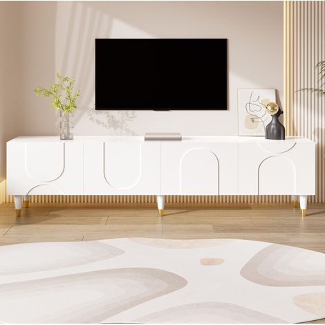 MODFU – Mueble TV 180x40x50 cm de MDF y paneles con 4 puertas de relieve arqueado, pasacables, patas de madera y carga 60 kg – Blanco (1/5)