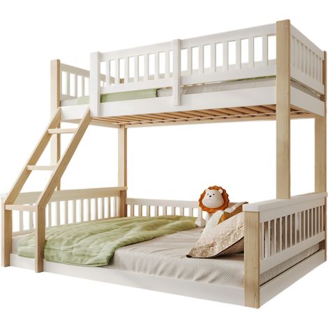 Lit superposé 90x200 et 140x200 cm avec échelle, barrières de sécurité et style épuré, bois blanc et naturel, sans matelas, pour chambre d'enfant  CHICFURN (1/5)