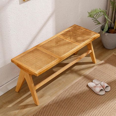 Wahson Rattan Dining Bench – Rustic Entryway Bench with Solid Wood Legs, Versatile Ottoman for Living Room, Bedroom, Hallway, Beige (1/5)