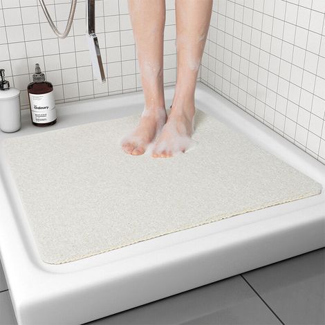White, Non-Slip Shower Mat, 60x60cm Non-Slip Bath Mat with Drain, Soft PVC Luffa Bath Mat for Bathroom, Quick Drying