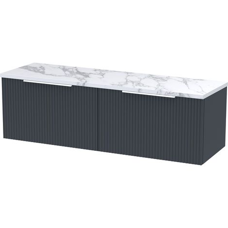 Tixall Fluted 2 Drawer Wall Hung Vanity Unit with Laminate Worktop, Dark Grey, 1200mm (1/4)