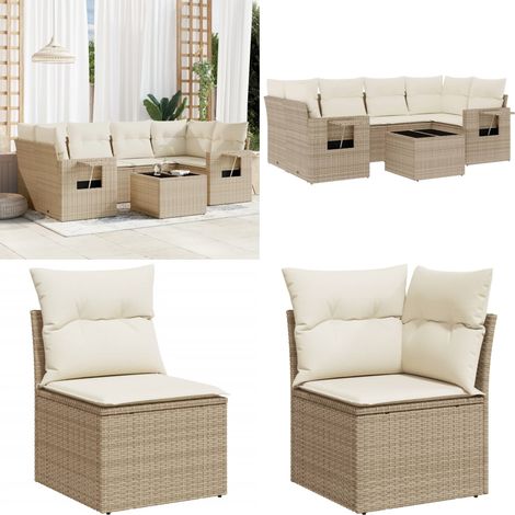 7-tlg. Garten-Sofagarnitur mit Kissen Beige Poly Rattan - Gartenmöbel - Esszimmergarnituren - Rattan Möbel - Outdoor Möbel - Lounge Set - Home & Living (1/5)