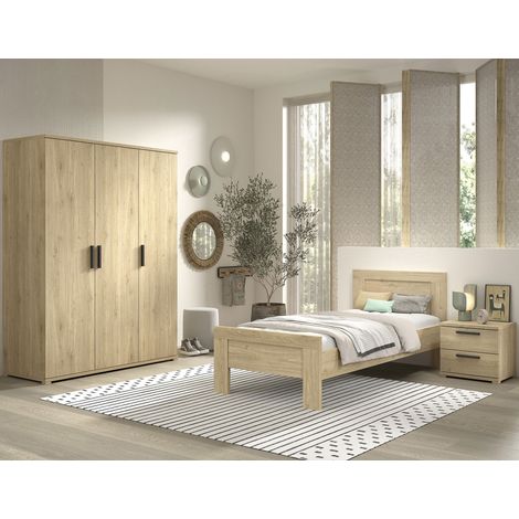 Ensemble lit 90x200cm + chevet + armoire 3 portes - PORI