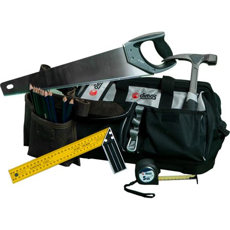 Dimos – Sac à outils charpentier avec marteau, mètre ruban, scie égoïne – Poche à clous cuir – 980305