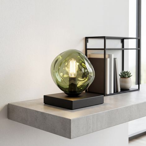 Tischlampe klein 17.5 cm hoch mundgeblasenes Glas Aluminium Grün Schwarz E14 Modern Tischleuchte