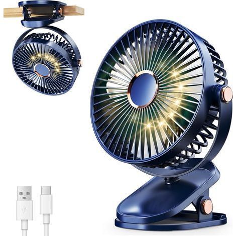 Tragbarer Clip-Ventilator, USB-Tischventilator, persönlicher Ventilator mit LED-Licht für Zuhause und Kinderwagen (blau) (1/5)