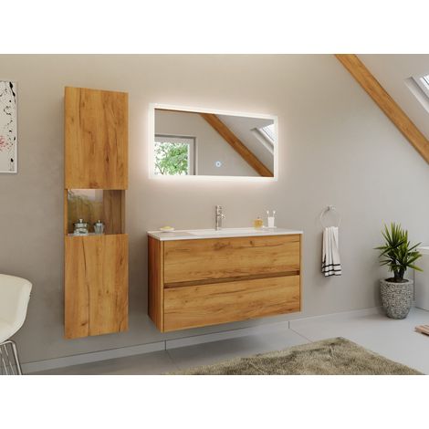 Badmöbel Set Taifun 3tlg. 100 cm mit LED Spiegel und Hochschrank eiche gold (1/5)