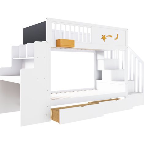 Lit superposé 90x200cm avec bureau, lit enfant avec échelle sécurisée et tiroirs de rangement, structure en pin massif, motif étoiles décoratif, blanc (1/5)