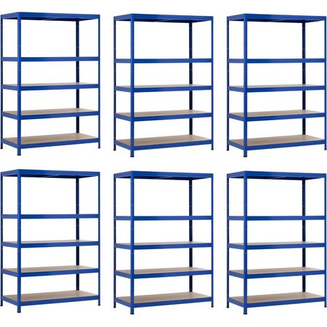 Confezione da 6 scaffalature metalliche modulari con 5 ripiani, 1250 kg, blu, 120x60x180 cm, 7house