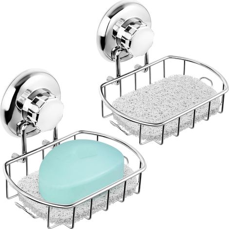 Lot de 2 crochets porte-savon à ventouse en acier inoxydable poli avec fixation adhésive/colle pour douche et salle de bain (1/5)