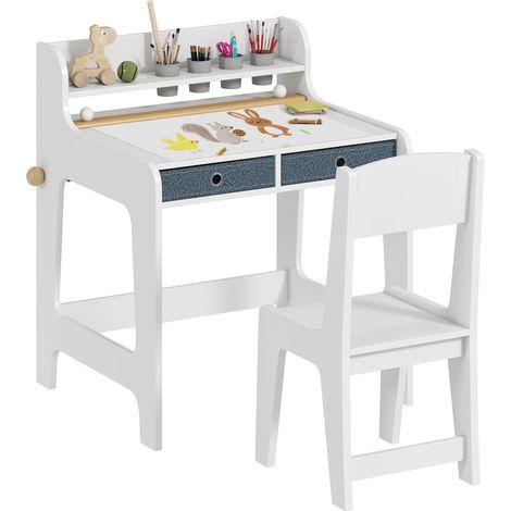 AIYAPLAY escritorio infantil con silla, pupitre infantil con 2 cajones extraíbles, estante y portavasos, para dormitorio, sala estudio, blanco