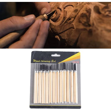 Kit de sculpture sur bois 12 pièces, ciseaux à manche ergonomique en pin pour travail précis. (1/5)