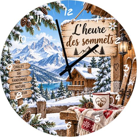 Horloge en verre montagne chalet ski 29 cm Cbkréation