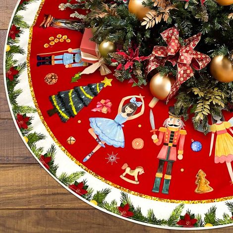 Weihnachtsbaumdecke mit Nussknacker-Motiv und Stechpalmenzweig, Weihnachtsdekoration, Winterbaummatte, geeignet für Heimpartys und Dekorationen im Innen- und Außenbereich (120 cm) (1/4)