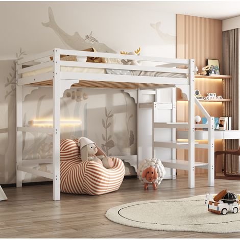 Lit mezzanine 140x200 cm moderne en pin et MDF blanc, avec sommier à lattes, escalier de rangement et armoire (1/5)