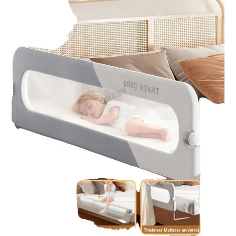 Barrière de lit pour bébé, longueur réglable, design portable, Améliorer Gris-200CM (1/2)