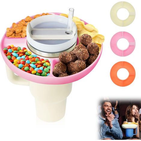 Porte-collations pour gobelet Stanley 40 oz avec anse, bol silicone réutilisable de grande capacité, accessoire anneau pour tasse Quencher 1.0/2.0, plateau nacelle rose pour coupe Stanley (1/5)