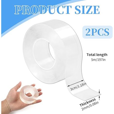 Reusable Adhesive Tape, 3 cm x 5 m, Double Sided Adhesive Transparent Multifunctional Double Sided No Traces for Wall Mounting Kitchen Office (1/4)