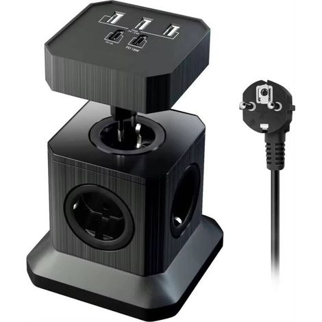 Steckdosenleiste (16A/4000W) mit 4 französischen Steckdosen, 3 USB-Anschlüssen und 2 Typ-C-Anschlüssen, Überspannungsschutz-Steckdosenleiste mit Schalter, 2 m Kabel für Zuhause, Büro, Reisen (Schwarz) (1/3)