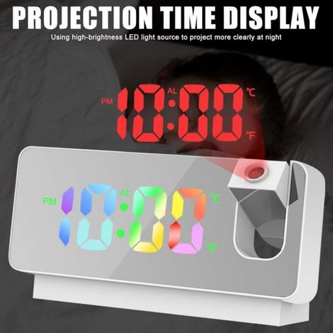 Réveil Projection LED - Affichage Heure Température Radio FM - Miroir Intégré - 180° Rotatif - 1 Pièce (1/5)