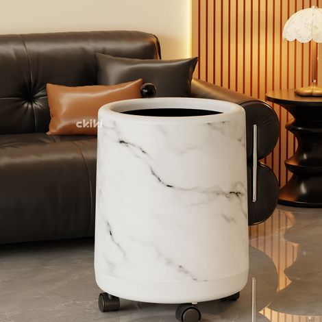 Poubelle cylindrique sans couvercle imitation marbre blanc sur roulettes, grande capacité plus de 12L plastique résistant, corbeille à papier mobile pour salon, cuisine, toilettes, bureau et usage pro (1/4)