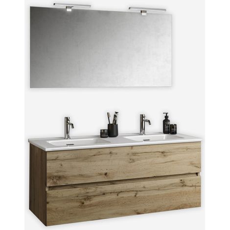 Mobile bagno sospeso con doppio lavabo e specchio Orizon - Rovere