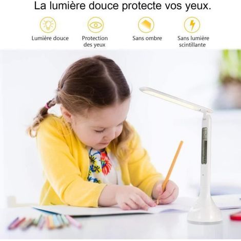 Lampe de Bureau LED Pliable Dimmable Tactile Lampe de Table Rechargeable avec Calendrier Température Réveil Veilleuses (1/4)