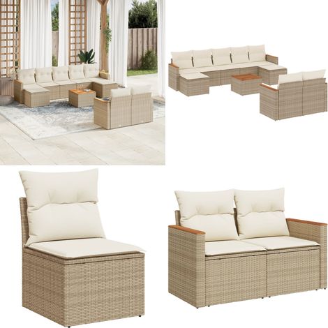 10-tlg. Garten-Sofagarnitur mit Kissen Beige Poly Rattan - Gartenmöbel Set - Outdoor Möbel - Rattan Gartenset - Lounge Set - Esstisch Set - Home & Living (1/5)