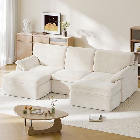 Rattantree - Canapé d'angle modulable 3 places - Revêtement en velours côtelé - Confort 100% mousse haute densité - Avec Pouf Amovible - conception ergonomique - 240 x 140 x 65 cm - Beige (1/5)