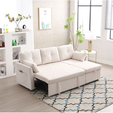 Sofá cama modular 206/108 cm beige de pana, con almacenaje y chaise longue reversible (1/5)